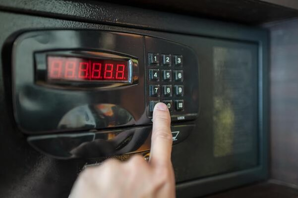 Photo of a gun safe with finger typing in code.